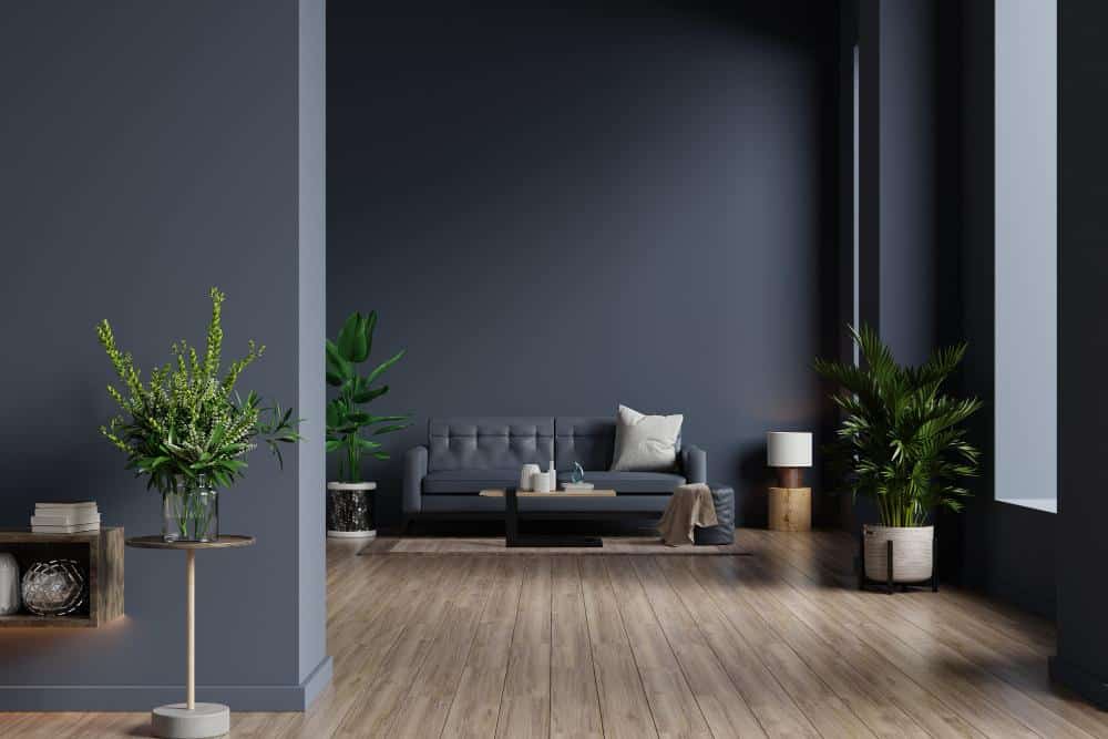 intérieur du salon spacieux avec canapé et un parquet foncé